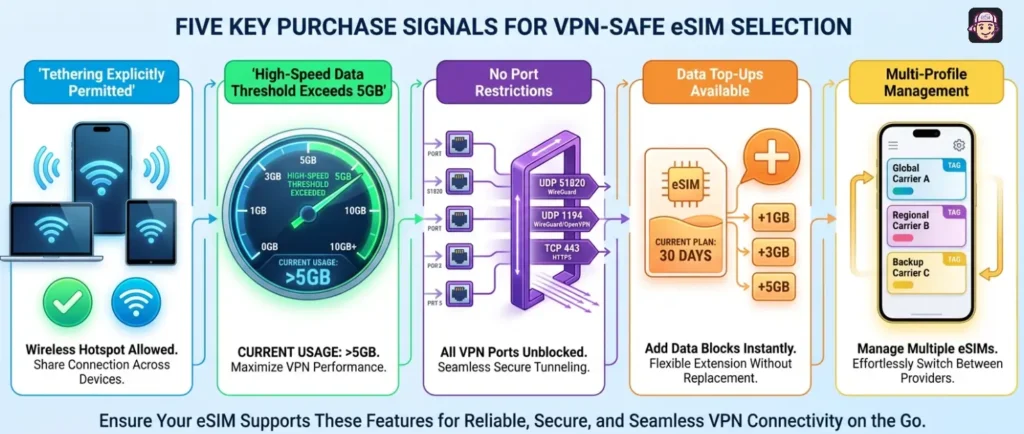 Purchase Signals for VPN-Safe eSIM Selection