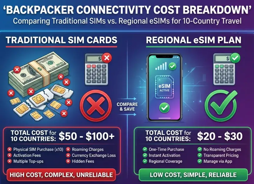 Traditional SIM VS Regional eSIM Comparison of Backpacker eSIM